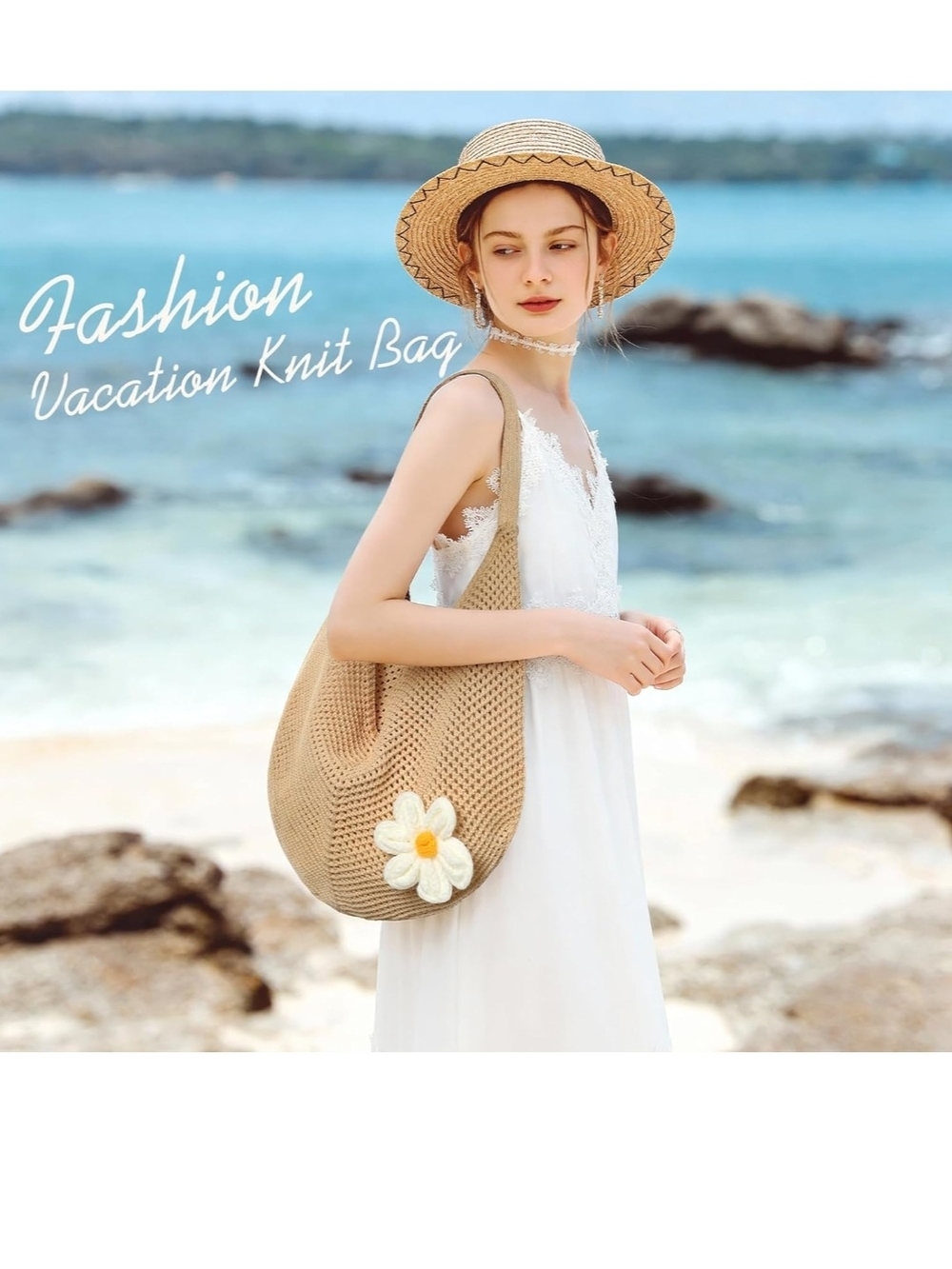 Beige Crochet Daisy-Accent Shoulder Bag - Picture 2 of 6